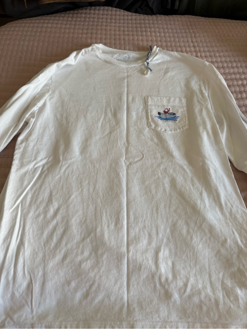 Vineyard Vines White Long-Sleeve Pocket Tee with Nautical Embroidery